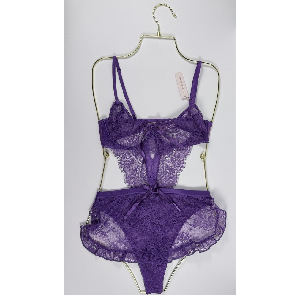Victoria's Secret Very Sexy The Dreamer Open Cup Lace Apron Teddy Purple S NWT